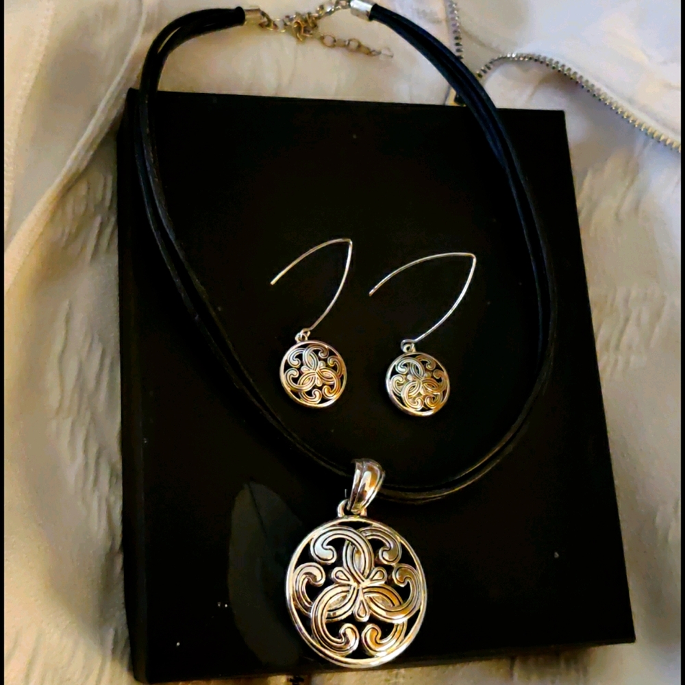 Leather and Sterling Silver Necklace and Earrings